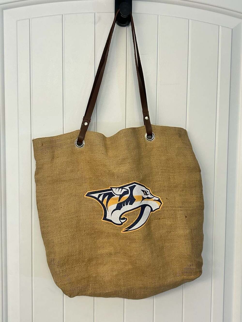 NHL Nashville Predators Burlap Tailgate Tote Bag with Faux Leather Straps